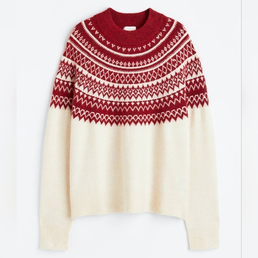 H&M Women's Soft Cream & Red Fair Isle Ski Cabincore Sweater Size XS-M